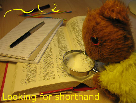 Yellow Teddy looking for shorthand in the dictionary